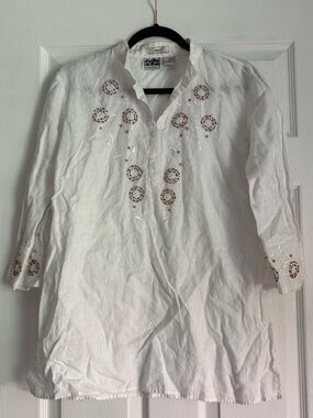 Edward Women’s Embroidered Linen Tunic Top | Size Large |